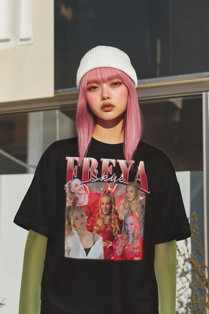 Freya Skye Fan Collage T-Shirt | Stylish Black Tee with Lightning Design