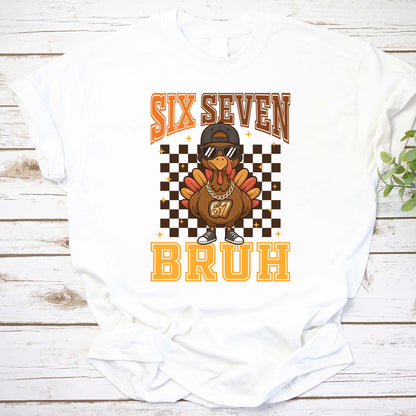 Six Seven Bruh Funny Turkey Hoodie - Cool Retro Checkered Turkey Graphic Sweatshirt