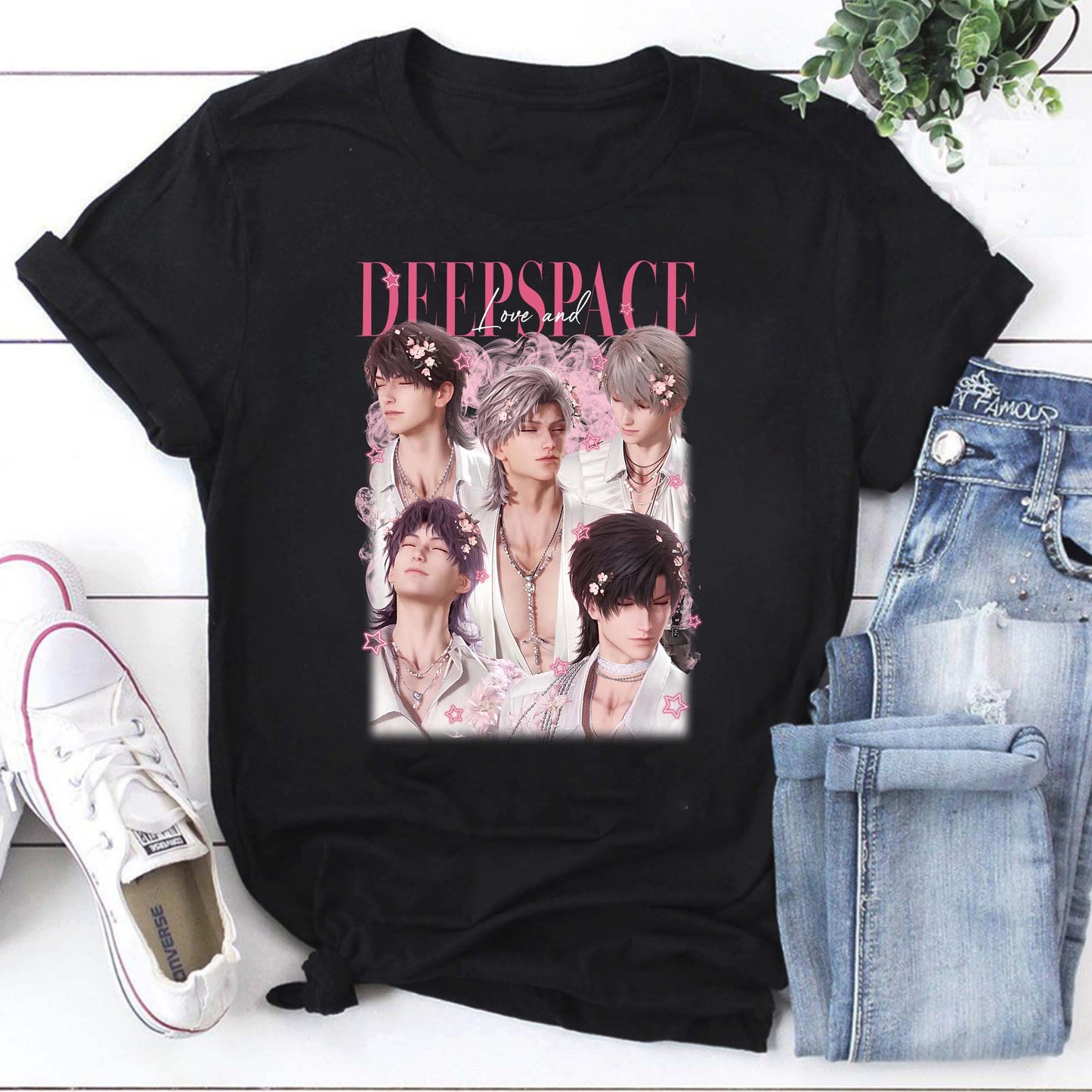 Deep Space Anime Boys Black Hoodie with Pink Floral Design