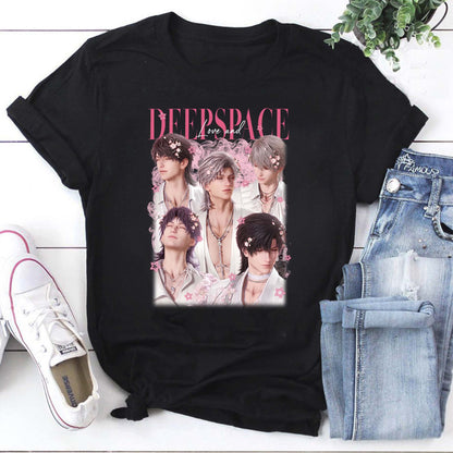 Deep Space Anime Boys Black Hoodie with Pink Floral Design