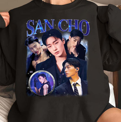 San Cho K-Pop Star Black Graphic T-Shirt – Multi-Image Fan Tribute Tee