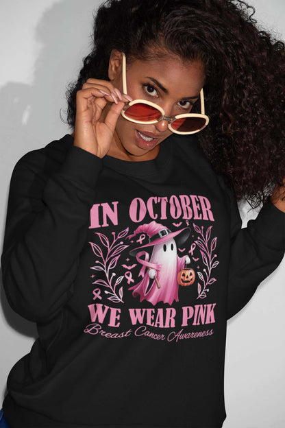 Breast Cancer Awareness October Shirt with Pink Ghost and Halloween Pumpkin