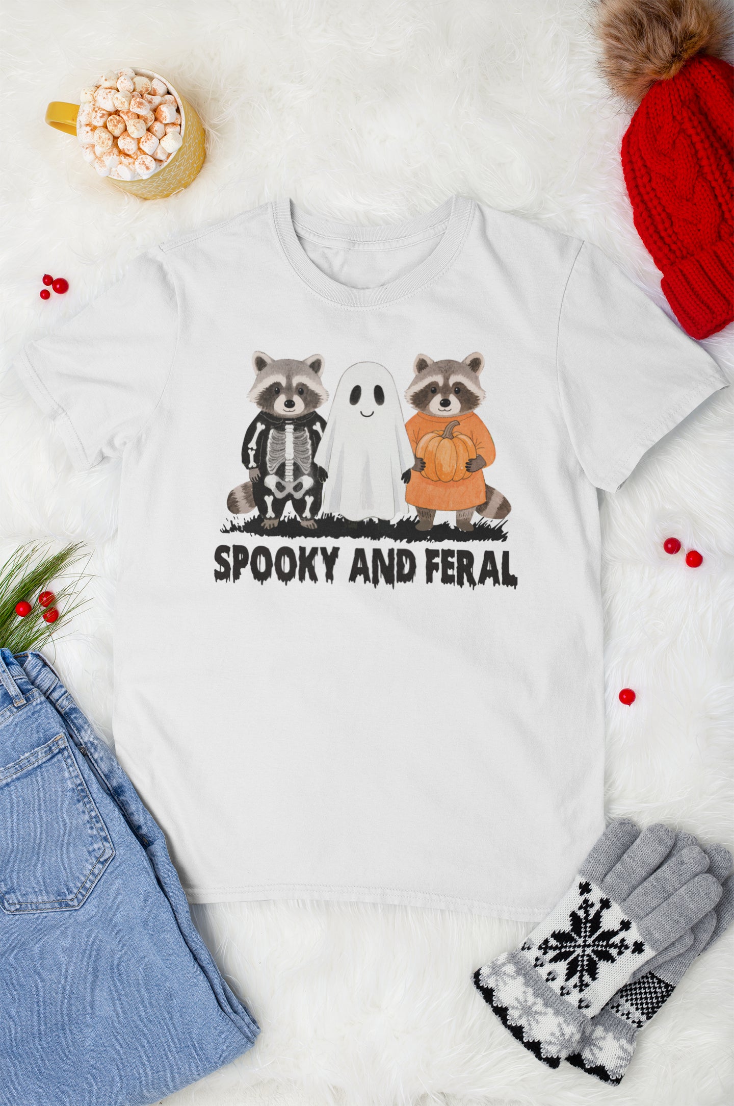 Spooky and Feral Halloween Hoodie with Cute Raccoon and Ghost Design