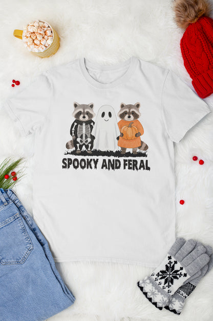 Spooky and Feral Halloween Hoodie with Cute Raccoon and Ghost Design