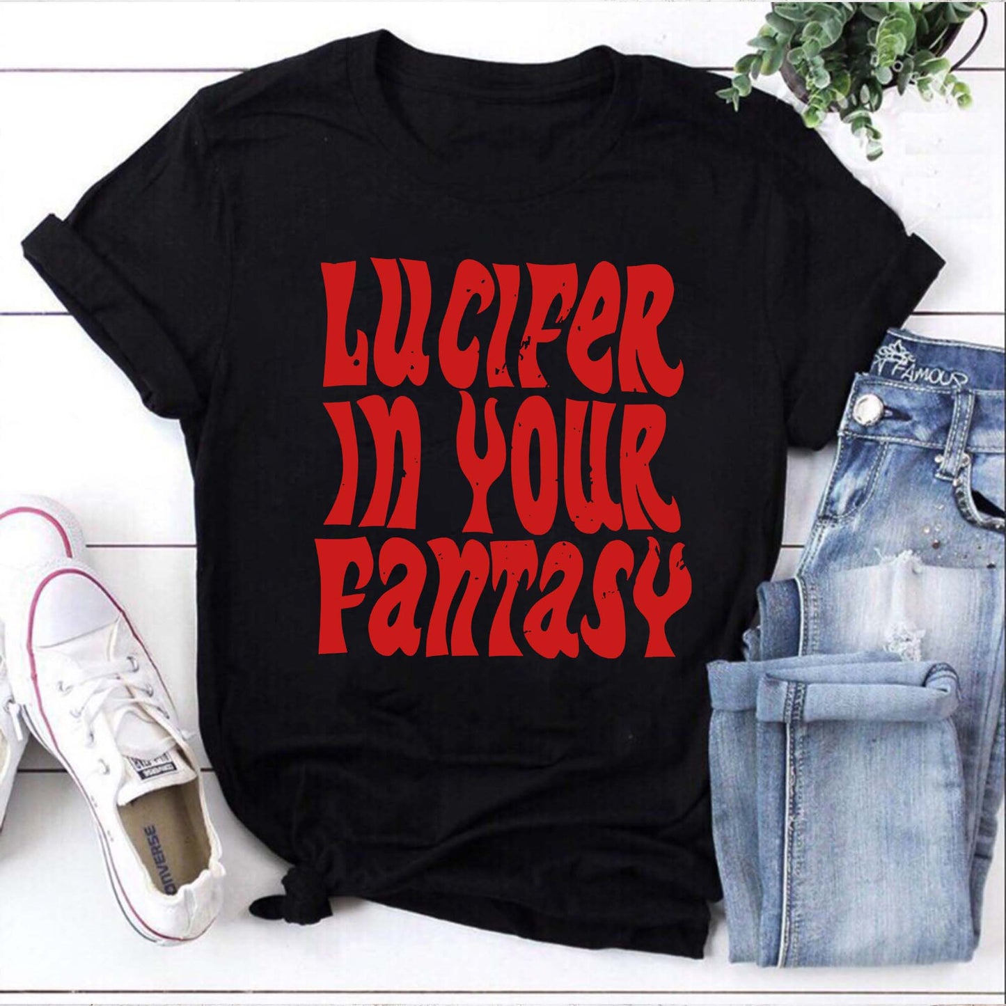 Lucifer In Your Fantasy Black Graphic Tee - Bold Red Retro Style Shirt