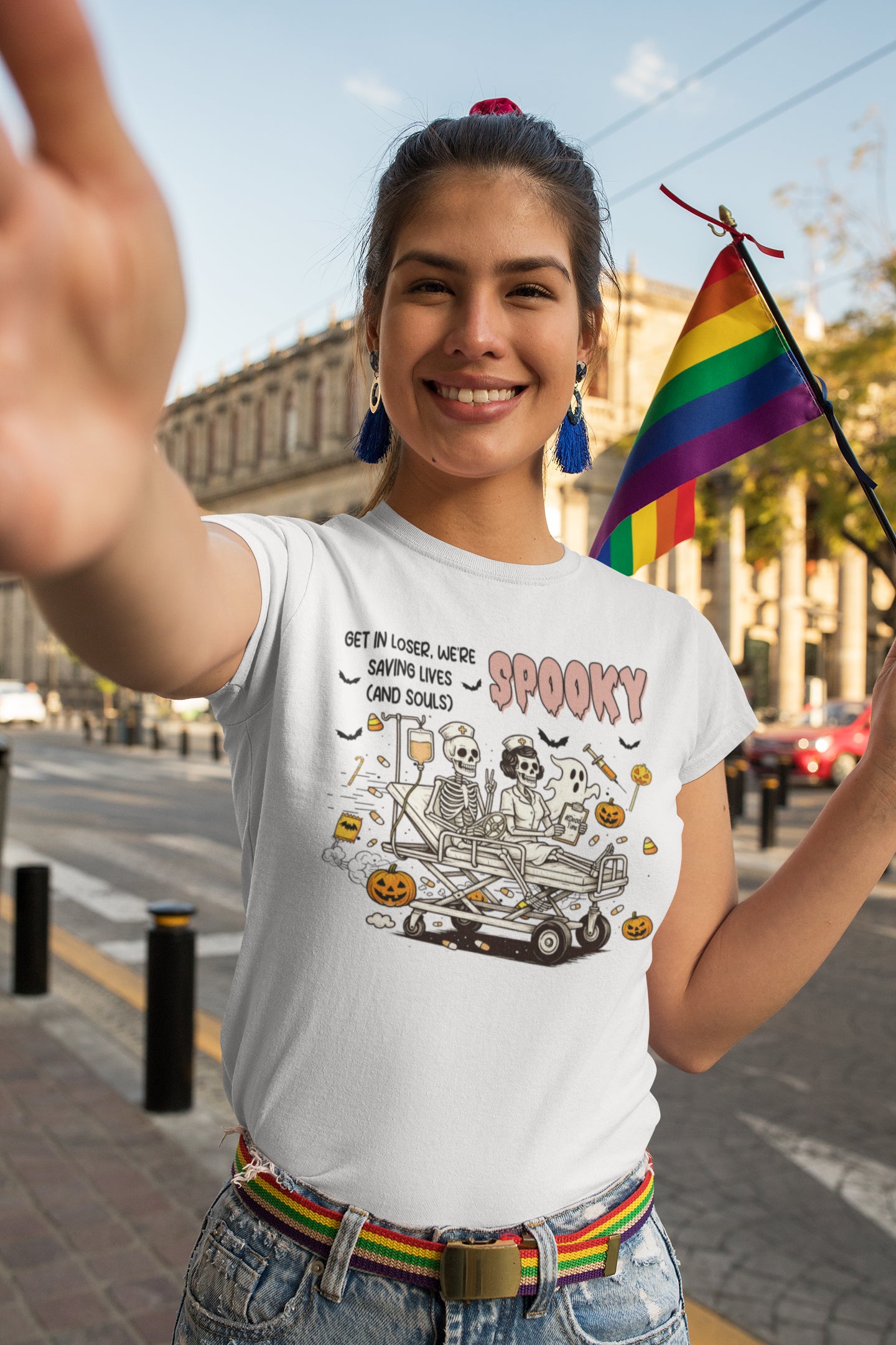 Spooky Nurse Skeleton Halloween Shirt - Get in Loser We're Saving Lives Tee