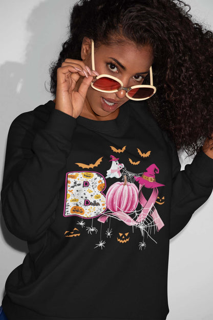 Breast Cancer Awareness Halloween Sweatshirt with Pumpkin & Spooky Design