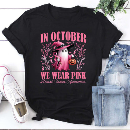 Breast Cancer Awareness October Shirt with Pink Ghost and Halloween Pumpkin