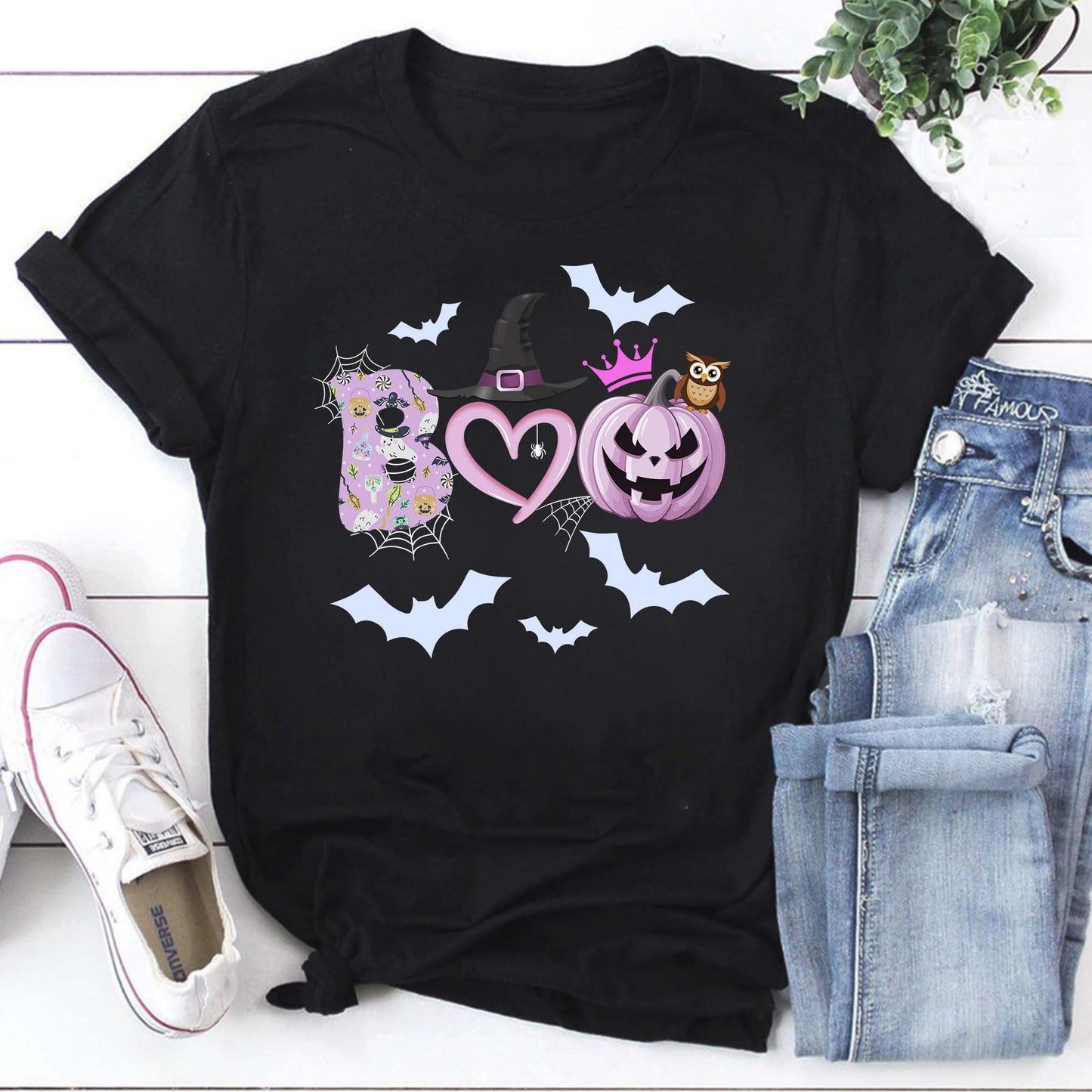 Halloween Boo T-Shirt with Witch Hat, Pumpkin, and Bat Design
