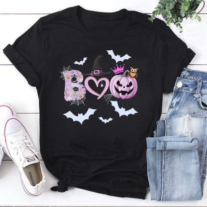 Halloween Boo T-Shirt with Witch Hat, Pumpkin, and Bat Design