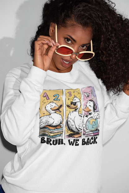 Bruh We Back Hoodie with Funny Duck Cartoon Graphic